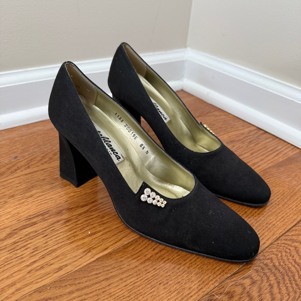 Costablanca‎ Black Suede Rhinestone Block Heel Pumps Made in Spain 8.5N 1133